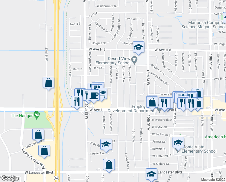 map of restaurants, bars, coffee shops, grocery stores, and more near 1715 Lake Way in Lancaster