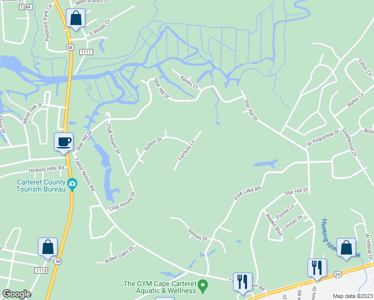 map of restaurants, bars, coffee shops, grocery stores, and more near 104 Fairway Lane in Cape Carteret