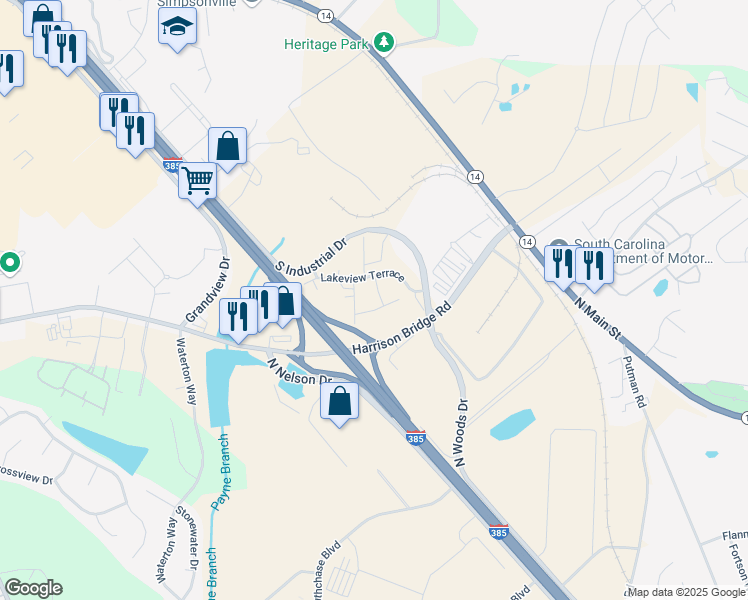 map of restaurants, bars, coffee shops, grocery stores, and more near 108 Harrison Bridge Road in Simpsonville
