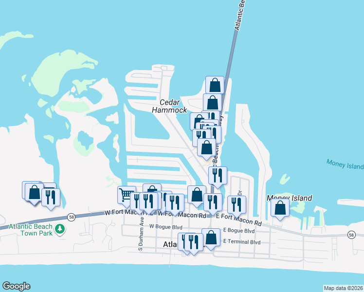 map of restaurants, bars, coffee shops, grocery stores, and more near 504 North Kinston Avenue in Atlantic Beach