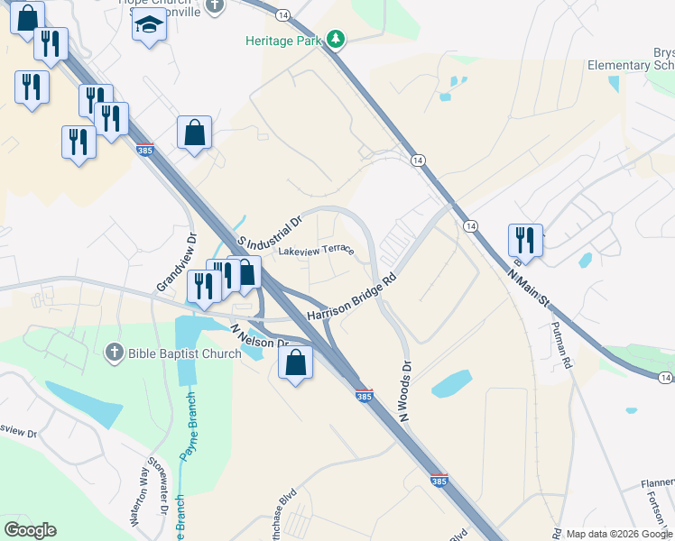 map of restaurants, bars, coffee shops, grocery stores, and more near 108 Harrison Bridge Road in Simpsonville