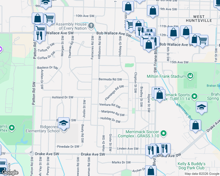 map of restaurants, bars, coffee shops, grocery stores, and more near 3524 Flamingo Road Southwest in Huntsville