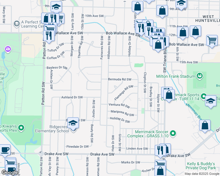 map of restaurants, bars, coffee shops, grocery stores, and more near 2915 Hillsboro Road Southwest in Huntsville