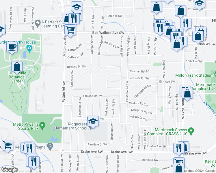 map of restaurants, bars, coffee shops, grocery stores, and more near 4009 Cabana Drive Southwest in Huntsville