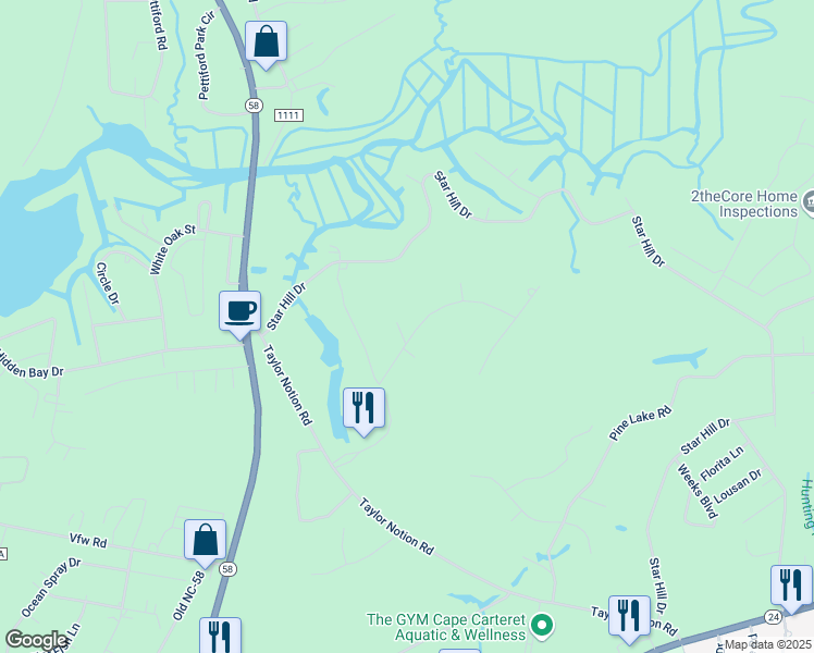 map of restaurants, bars, coffee shops, grocery stores, and more near 103 Sutton Drive in Cape Carteret