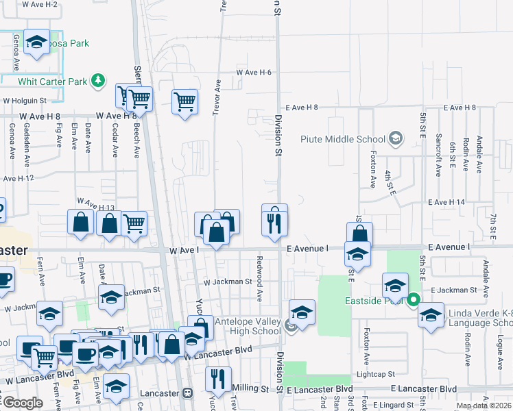 map of restaurants, bars, coffee shops, grocery stores, and more near 45311 Division Street in Lancaster