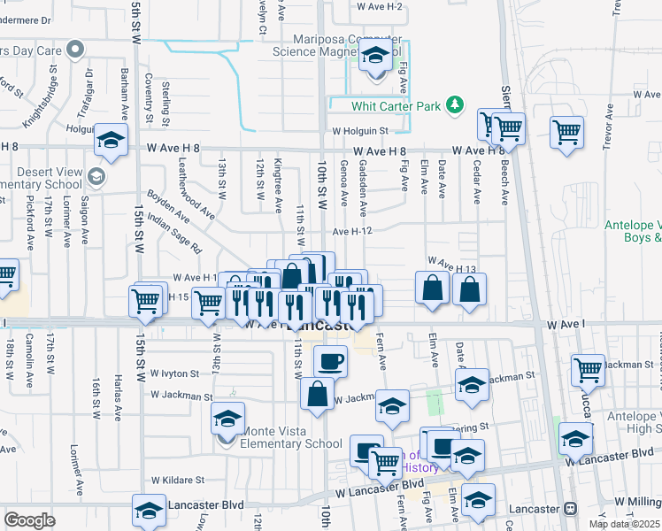 map of restaurants, bars, coffee shops, grocery stores, and more near 45320 10th Street West in Lancaster