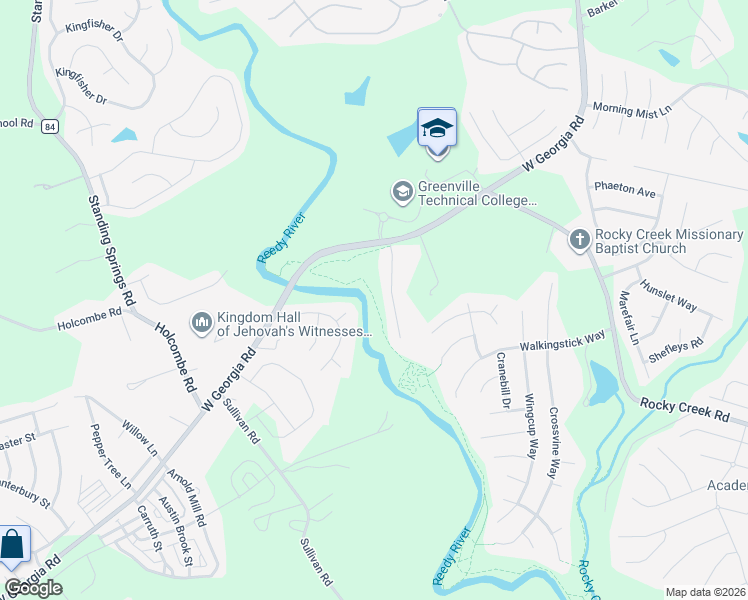 map of restaurants, bars, coffee shops, grocery stores, and more near Leafmore Woods Nature Trail in Simpsonville