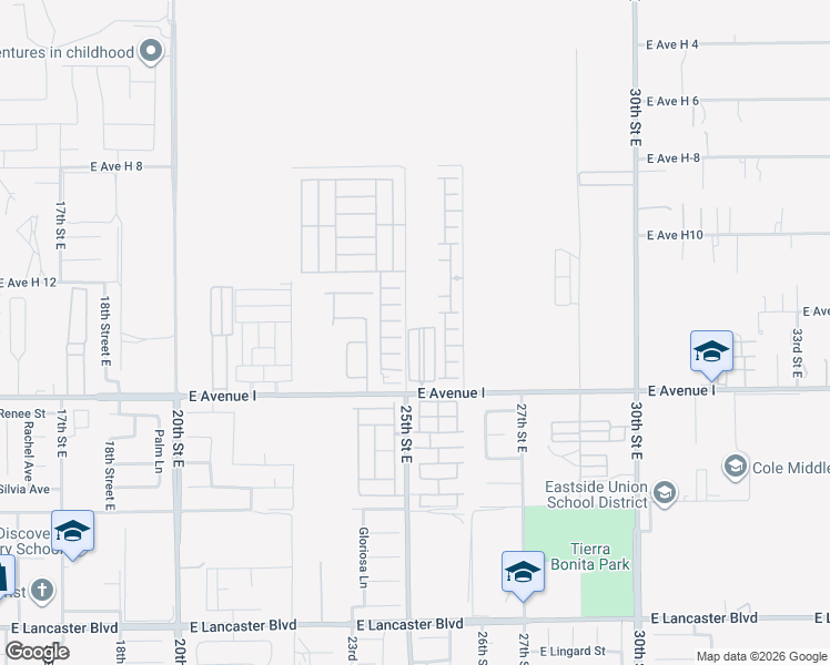 map of restaurants, bars, coffee shops, grocery stores, and more near 2515 East Avenue I in Lancaster