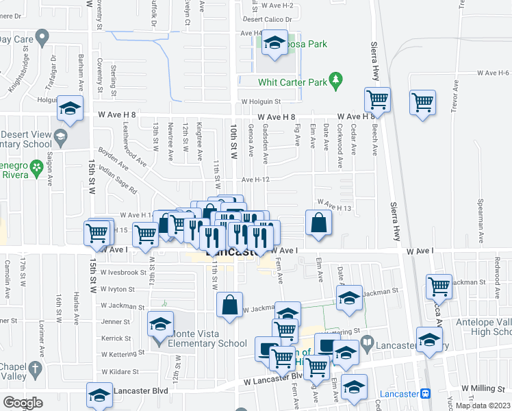 map of restaurants, bars, coffee shops, grocery stores, and more near 45318 Genoa Avenue in Lancaster