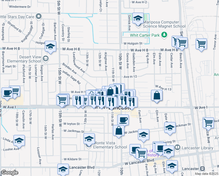 map of restaurants, bars, coffee shops, grocery stores, and more near 45320 Kingtree Avenue in Lancaster