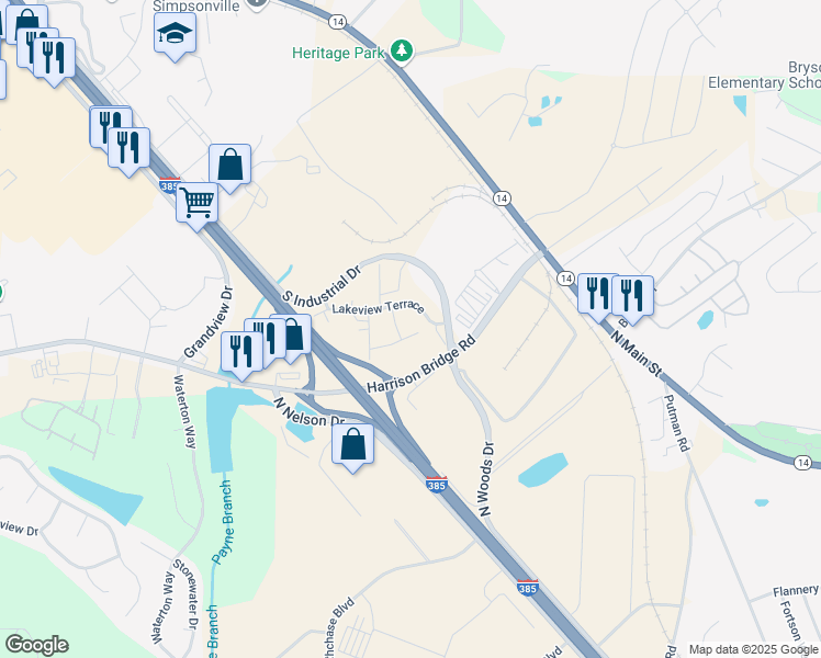 map of restaurants, bars, coffee shops, grocery stores, and more near 107 Lakeview Terrace in Simpsonville