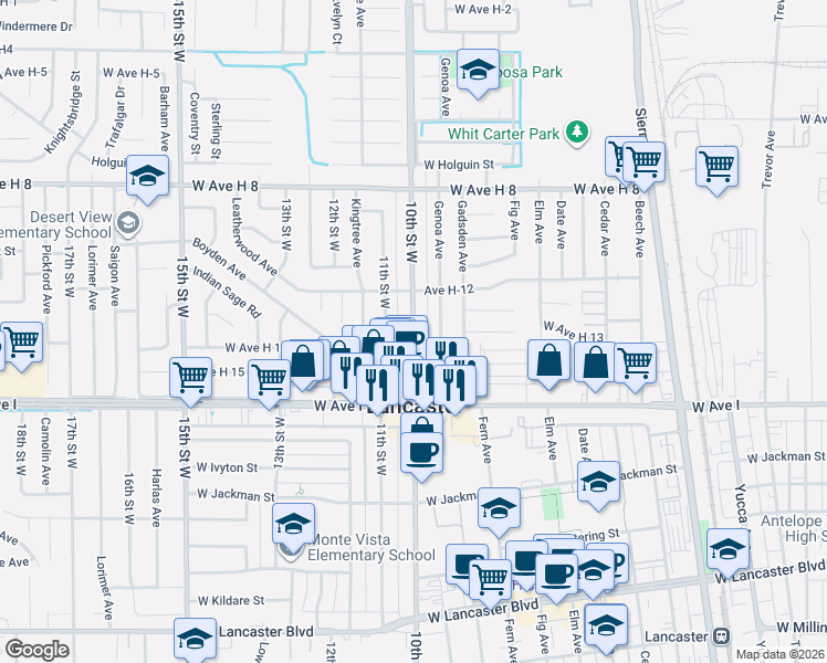 map of restaurants, bars, coffee shops, grocery stores, and more near 45345 Genoa Avenue in Lancaster
