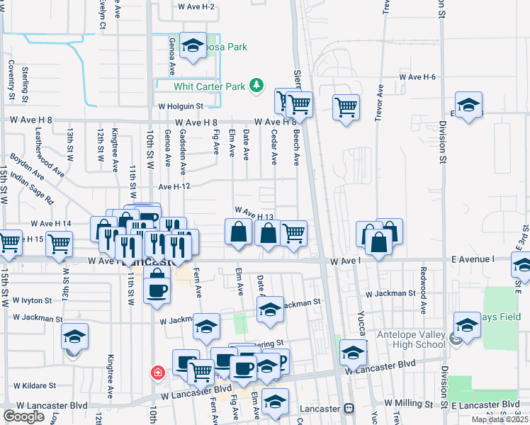map of restaurants, bars, coffee shops, grocery stores, and more near 45341 Cedar Avenue in Lancaster