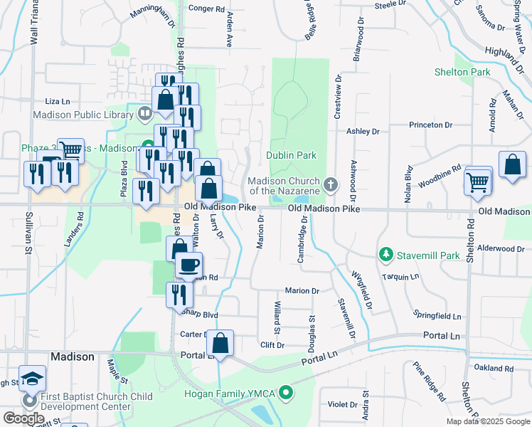 map of restaurants, bars, coffee shops, grocery stores, and more near 124 Lily Court in Madison