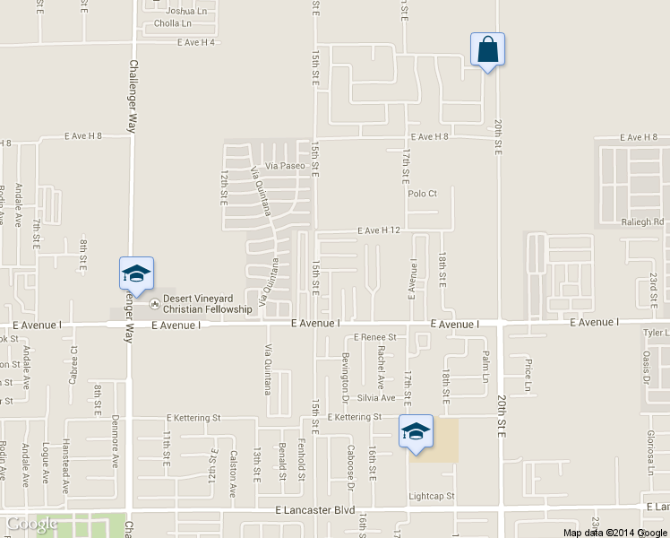 map of restaurants, bars, coffee shops, grocery stores, and more near 1501 East Avenue H10 in Lancaster