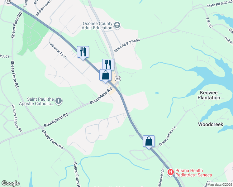map of restaurants, bars, coffee shops, grocery stores, and more near 1471 Blue Ridge Boulevard in Seneca