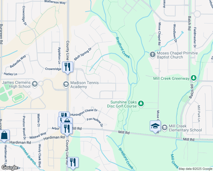 map of restaurants, bars, coffee shops, grocery stores, and more near 125 High Coach Way in Madison