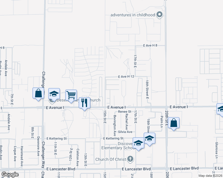 map of restaurants, bars, coffee shops, grocery stores, and more near 1501 East Avenue I in Lancaster