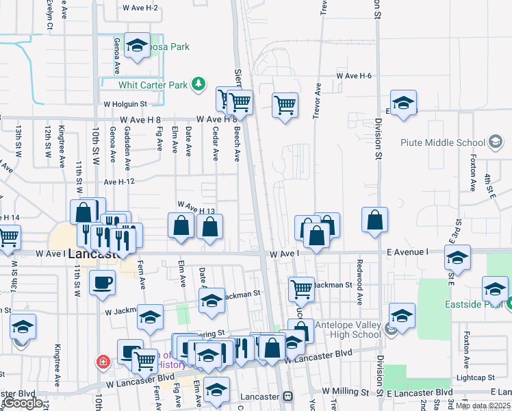 map of restaurants, bars, coffee shops, grocery stores, and more near 45345 Sierra Highway in Lancaster