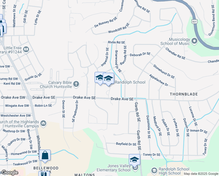 map of restaurants, bars, coffee shops, grocery stores, and more near 2806 Barcody Circle Southeast in Huntsville
