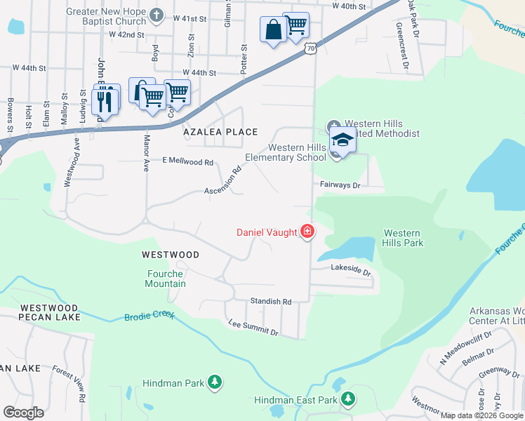 map of restaurants, bars, coffee shops, grocery stores, and more near 8017 Ascension Road in Little Rock