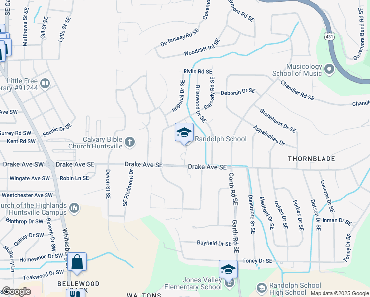 map of restaurants, bars, coffee shops, grocery stores, and more near 1005 Drake Avenue Southeast in Huntsville