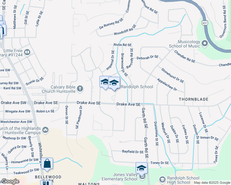 map of restaurants, bars, coffee shops, grocery stores, and more near 1005 Drake Avenue Southeast in Huntsville