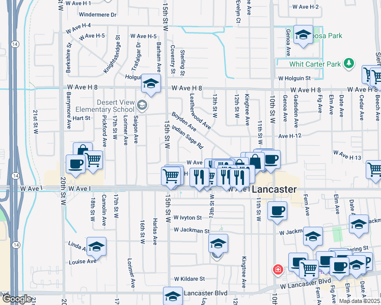 map of restaurants, bars, coffee shops, grocery stores, and more near 719 West Avenue H 13 in Lancaster