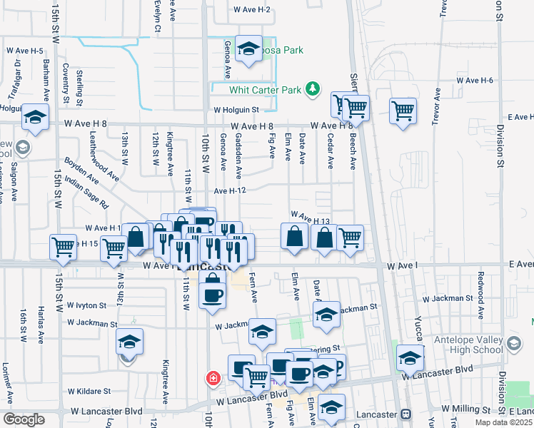 map of restaurants, bars, coffee shops, grocery stores, and more near 719 West Avenue H 13 in Lancaster