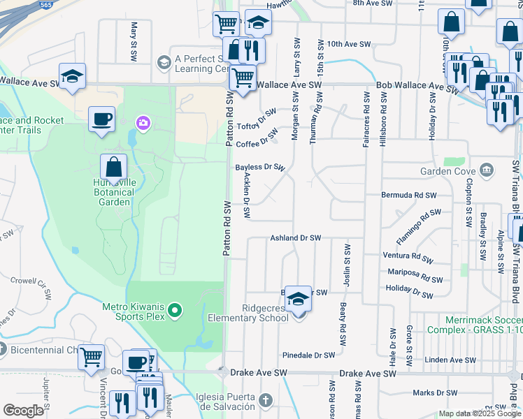 map of restaurants, bars, coffee shops, grocery stores, and more near 3020 Morgan Street Southwest in Huntsville