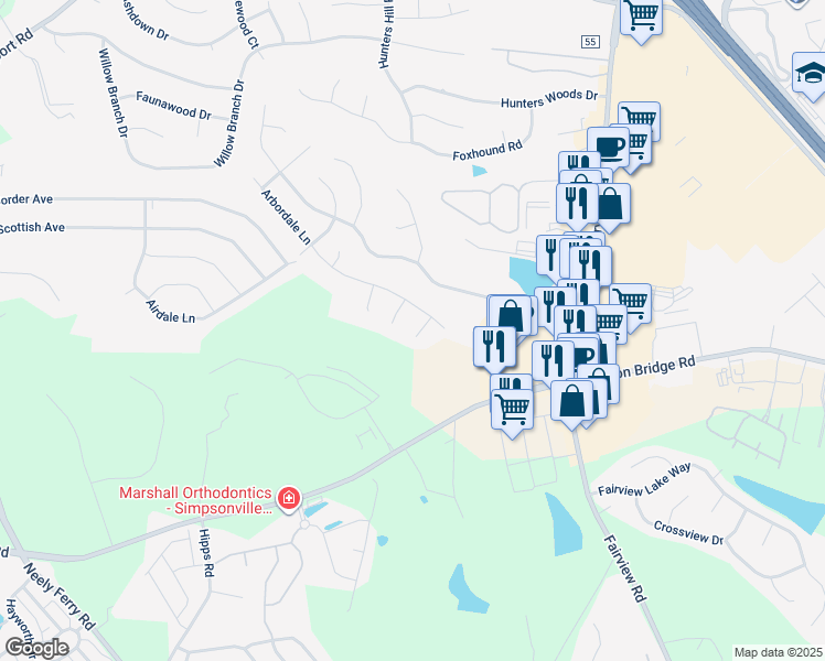 map of restaurants, bars, coffee shops, grocery stores, and more near 6 Pergola Place in Simpsonville