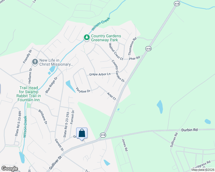 map of restaurants, bars, coffee shops, grocery stores, and more near 425 Raspberry Lane in Fountain Inn