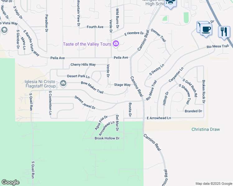 map of restaurants, bars, coffee shops, grocery stores, and more near 1799 Stage Circle in Cottonwood