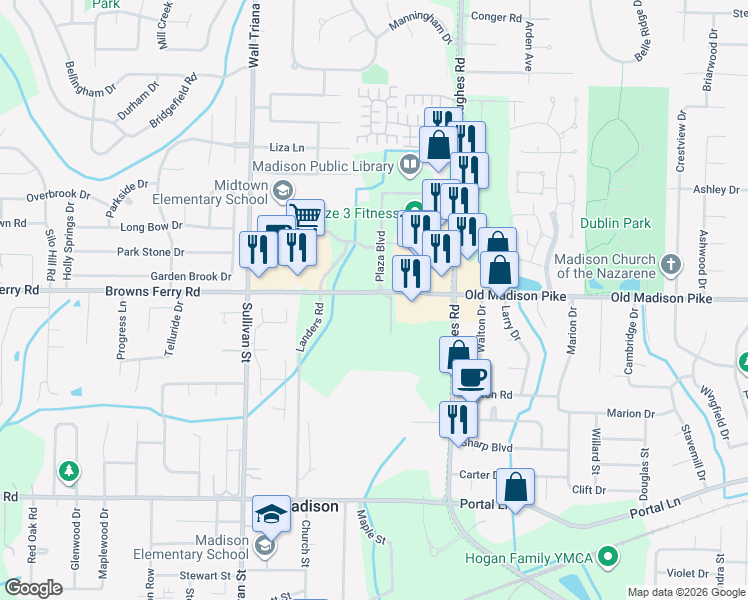 map of restaurants, bars, coffee shops, grocery stores, and more near 164 Browns Ferry Road in Madison