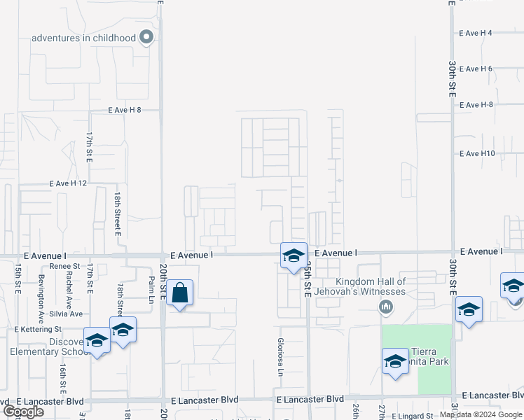 map of restaurants, bars, coffee shops, grocery stores, and more near 45465 25th Street East in Lancaster