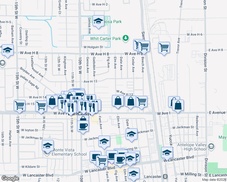 map of restaurants, bars, coffee shops, grocery stores, and more near 45327 Elm Avenue in Lancaster