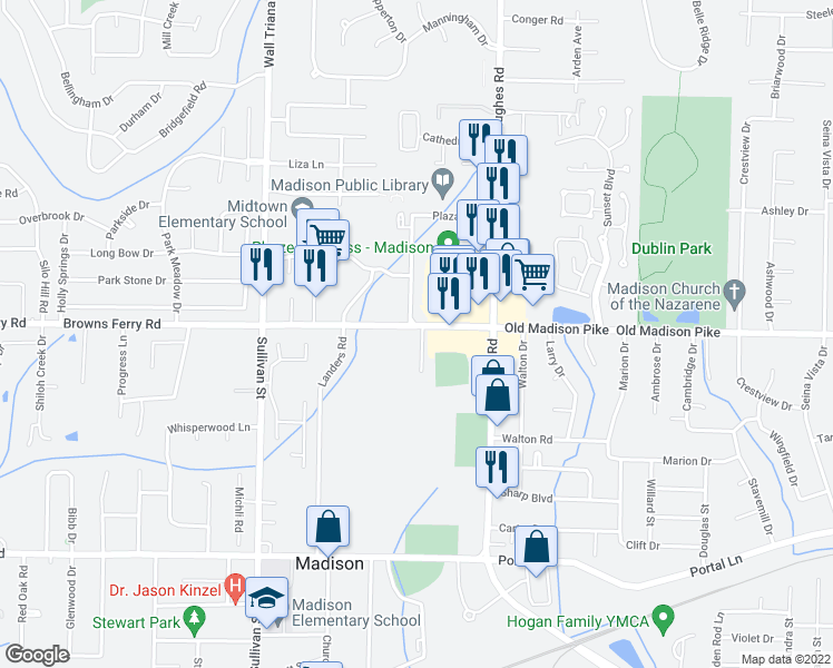 map of restaurants, bars, coffee shops, grocery stores, and more near 164 Browns Ferry Road in Madison