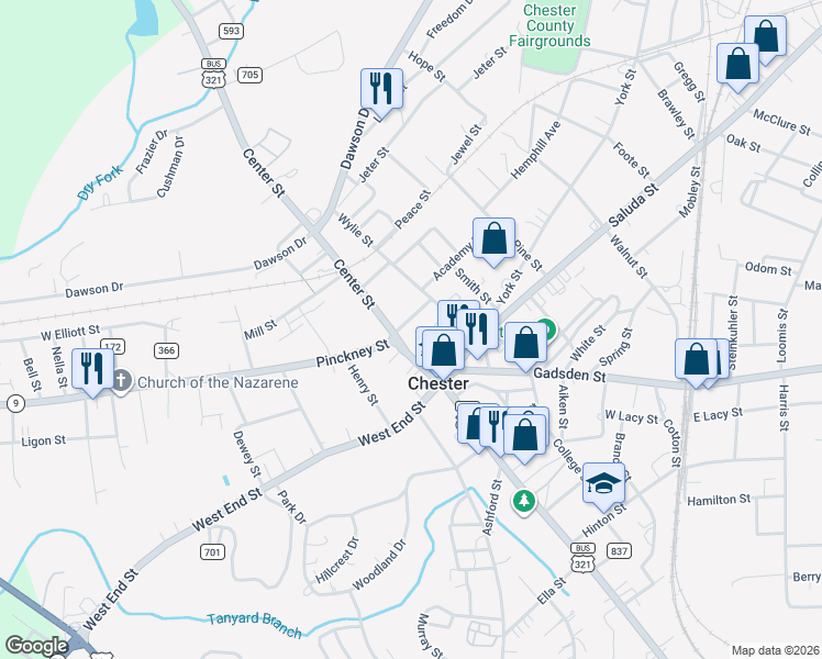 map of restaurants, bars, coffee shops, grocery stores, and more near 147 Center Street in Chester