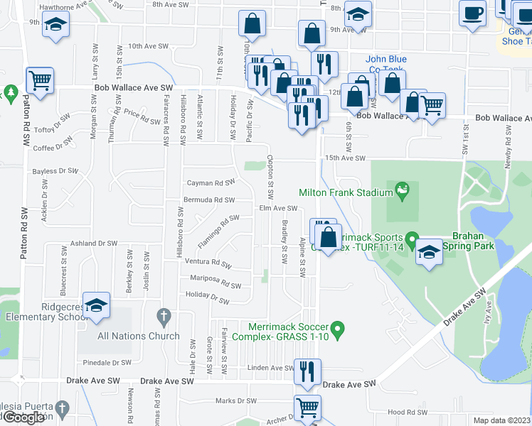 map of restaurants, bars, coffee shops, grocery stores, and more near 2827 Holiday Drive Southwest in Huntsville