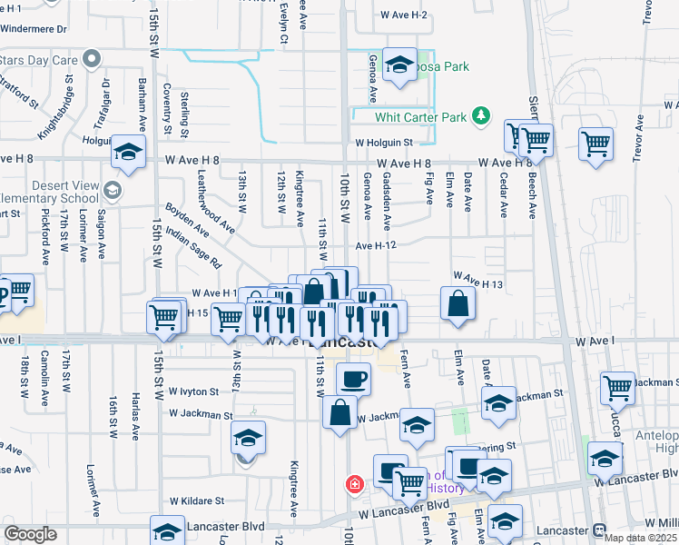 map of restaurants, bars, coffee shops, grocery stores, and more near 45344 11th Street West in Lancaster
