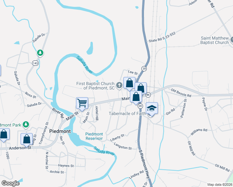 map of restaurants, bars, coffee shops, grocery stores, and more near 8 1st Baptist Church Road in Piedmont