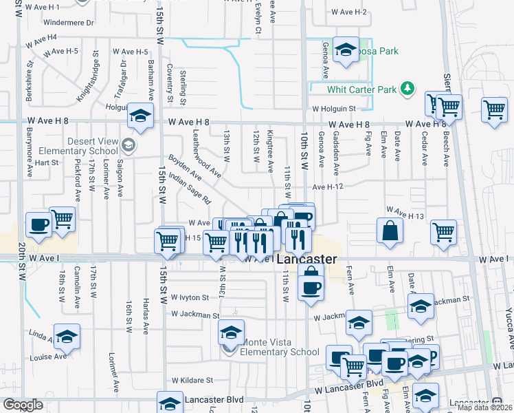 map of restaurants, bars, coffee shops, grocery stores, and more near 45309 12th Street West in Lancaster
