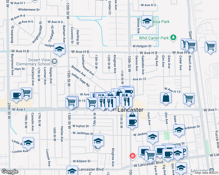 map of restaurants, bars, coffee shops, grocery stores, and more near 45309 12th Street West in Lancaster
