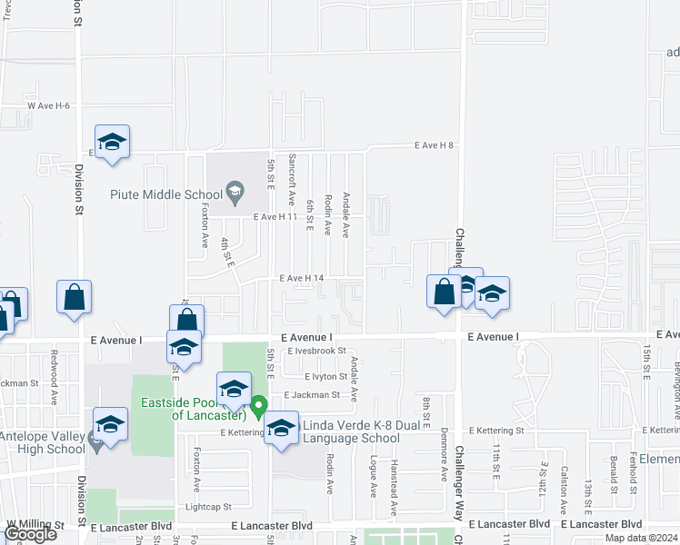 map of restaurants, bars, coffee shops, grocery stores, and more near 45303 Andale Avenue in Lancaster
