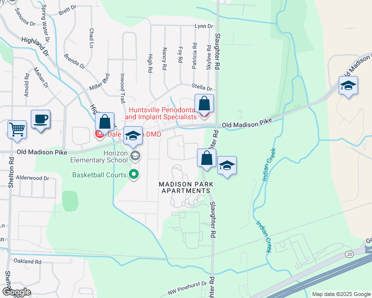 map of restaurants, bars, coffee shops, grocery stores, and more near 7735 Old Madison Pike in Huntsville