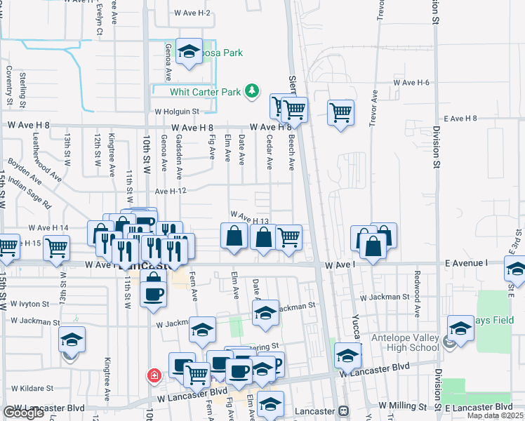 map of restaurants, bars, coffee shops, grocery stores, and more near 45341 Cedar Avenue in Lancaster