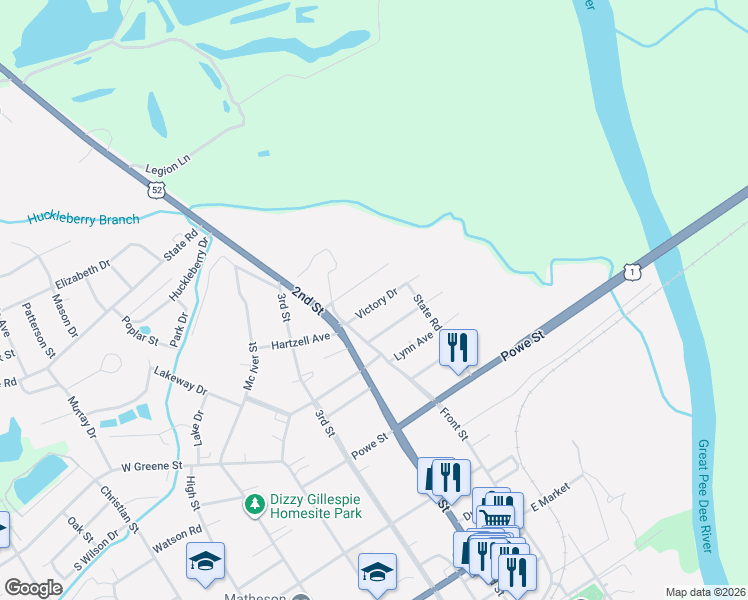 map of restaurants, bars, coffee shops, grocery stores, and more near 66 Victory Drive in Cheraw