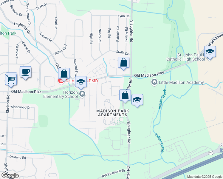 map of restaurants, bars, coffee shops, grocery stores, and more near 7735 Old Madison Pike in Huntsville