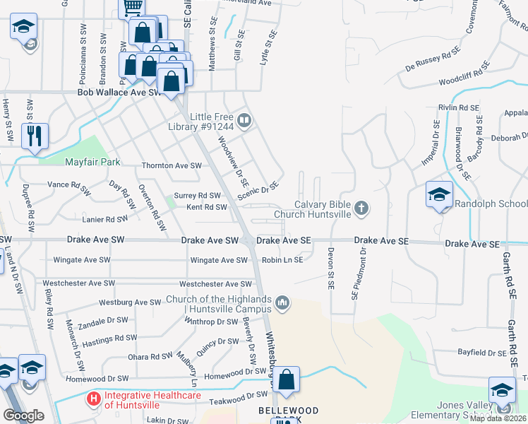 map of restaurants, bars, coffee shops, grocery stores, and more near 44 Northampton Drive Southeast in Huntsville